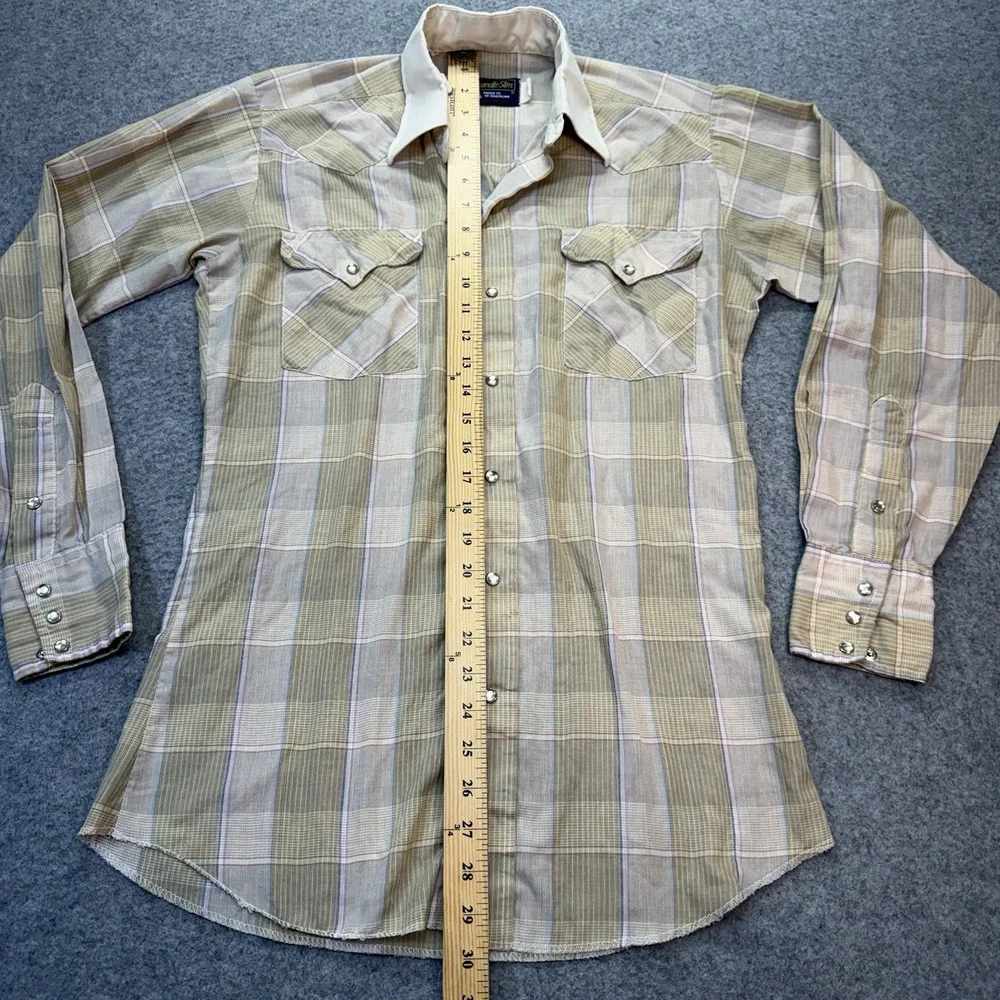Vtg Panhandle Slim Men M Western Snap-Front Shirt Tan Olive Plaid 15 34 USA 70's